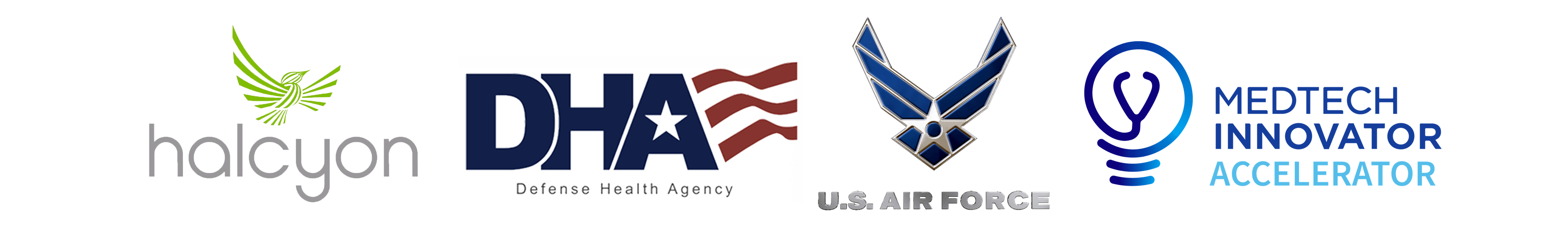 Halcyon, DHA, U.S. Air Force, and MedTech Innovator Accelerator Logos